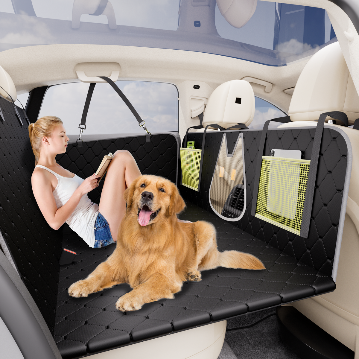 2024 Upgraded Waterproof Dog Seat Cover for Back Seat - Durable, Anti-Scratch, Nonslip Hammock - Fits Cars, Trucks and SUVs - Includes Dog Seat Belt for Car, Car Seat Protector - Holds 400lbs.